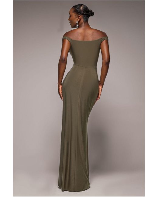 Goddiva Green Off The Shoulder Corset Waist Mesh Wrap Skirt Soft Touch Maxi Dress