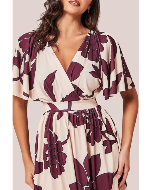 Goddiva Pink Leaf Print Flutter Sleeve Midi
