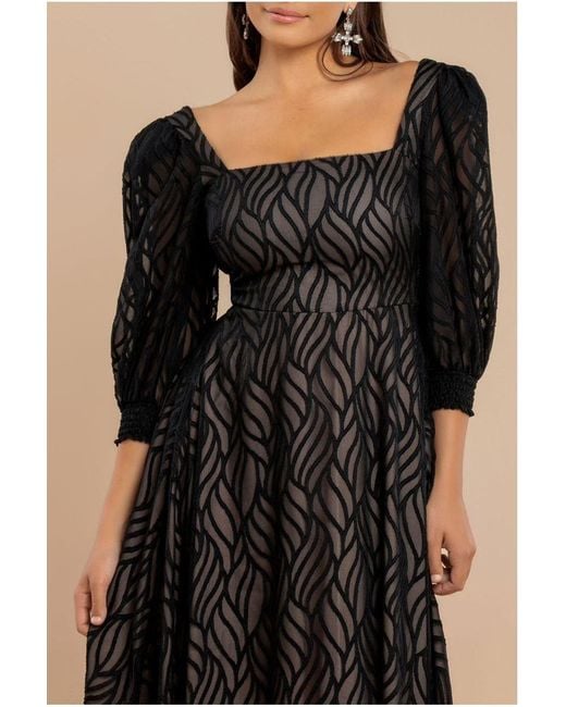 Goddiva Blue Puff Sleeve Side Slit Flared Jacquard Chiffon Midi Dress