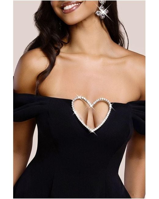 Goddiva Black Diamante Heart Trim A-Line Mini Dress