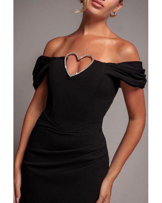 Goddiva Black Diamante Heart Trim Evening Maxi Dress