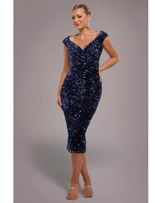 Goddiva Women's Blue Multi Sequin & Velvet Bardot Midi Dress