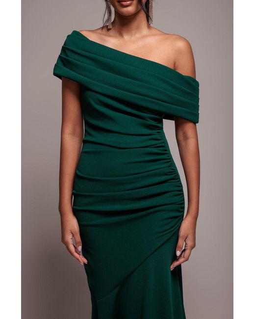 Goddiva Green Pleated One Shoulder Bardot Fit And Flare Maxi Dress
