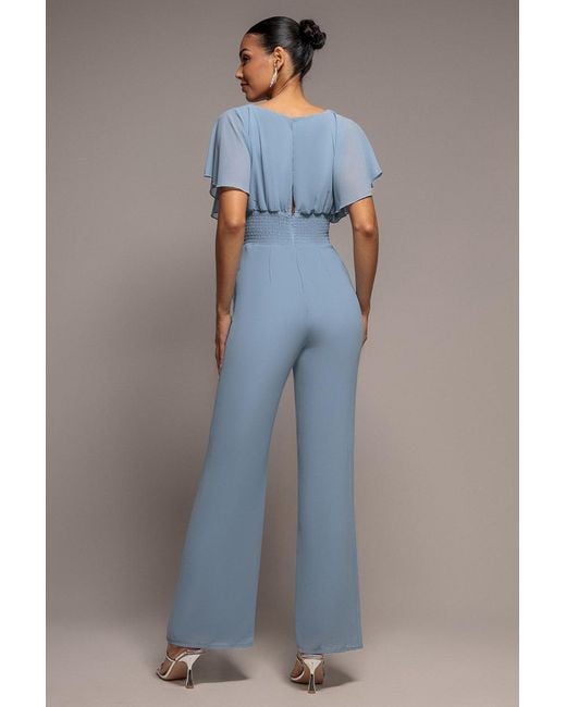 Goddiva Blue Chiffon Jumpsuit With Flutter Sleeves