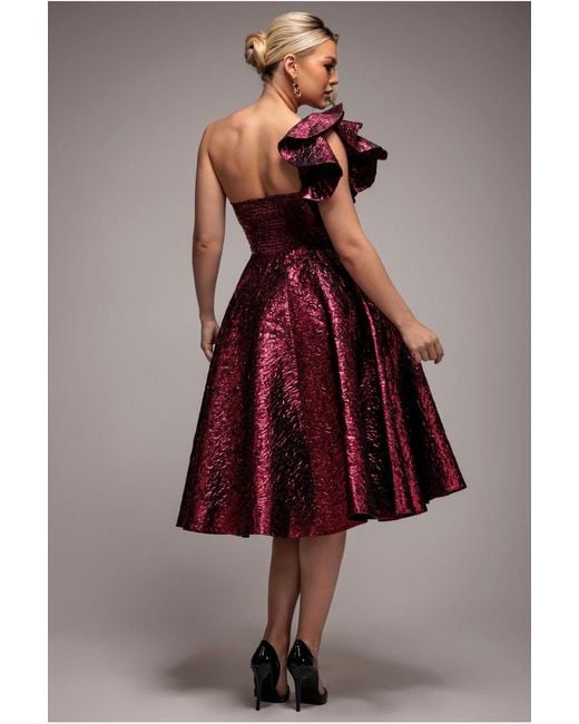 Goddiva Red One Shoulder Frill Jacquard Skater Midi Dress