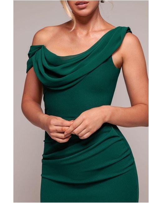 Goddiva Green Asymmetric Chiffon Cowl Neck Scuba Maxi Dress