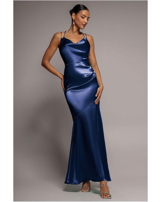 Goddiva Blue Cowl Neck With Strappy Back Satin Maxi