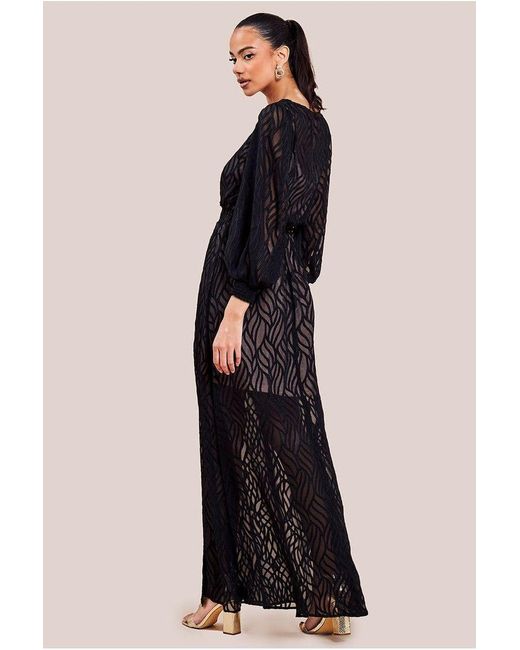 Goddiva Black Chiffon Geo-Wave Front Split Maxi Dress