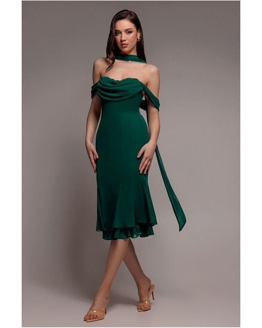 Goddiva Green Chiffon Cowl Off Shoulder Wing Tiered Midi Dress