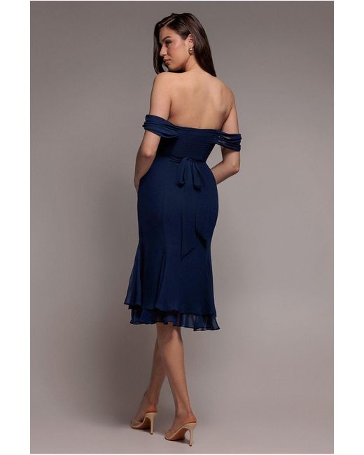 Goddiva Blue Chiffon Cowl Off Shoulder Wing Tiered Midi Dress