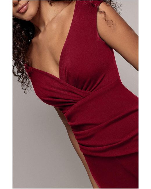 Goddiva Red Scuba Crepe Wrap Bardot Jumpsuit