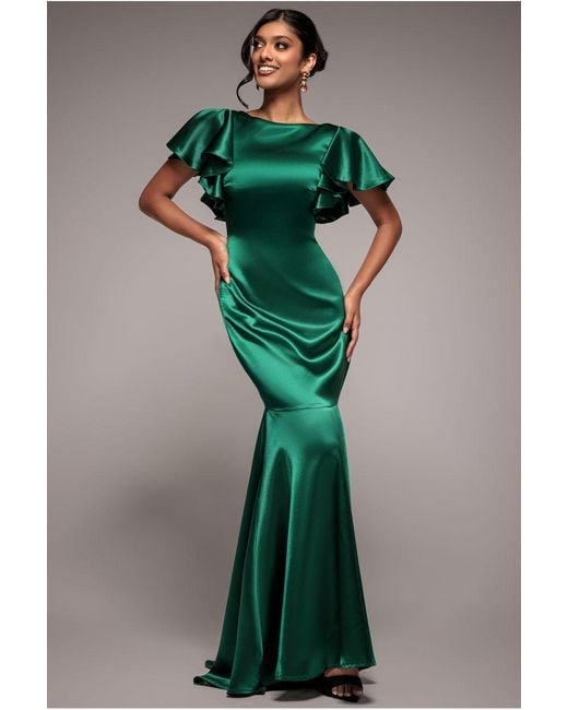 Goddiva Green Satin Flutter Sleeve Mermaid Maxi