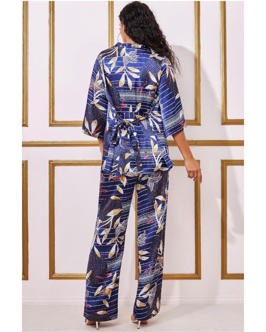 Goddiva Blue Printed Satin Wide Leg Trouser