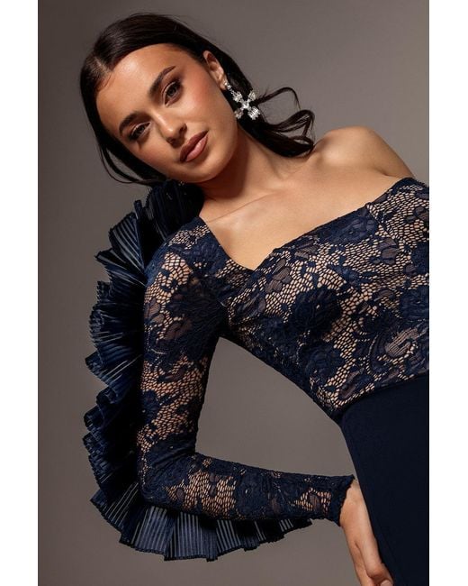 Goddiva Blue One Shoulder Organza Fan Detail Lace Bodice Maxi Dress