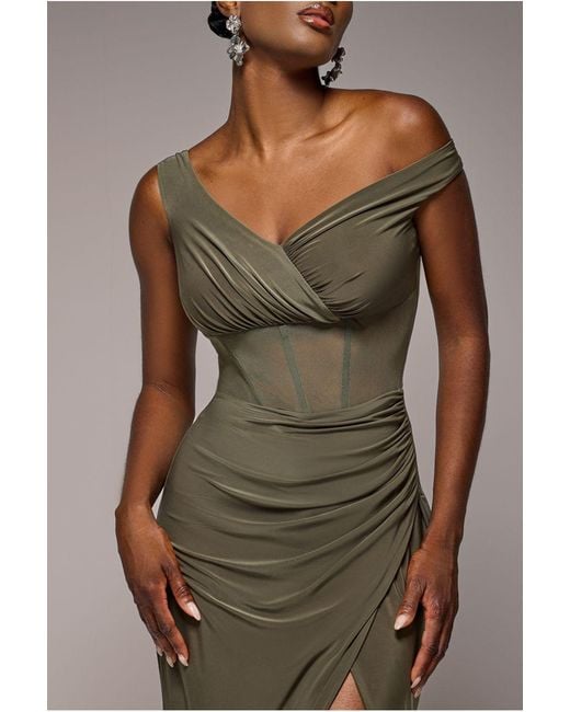 Goddiva Green Off The Shoulder Corset Waist Mesh Wrap Skirt Soft Touch Maxi Dress