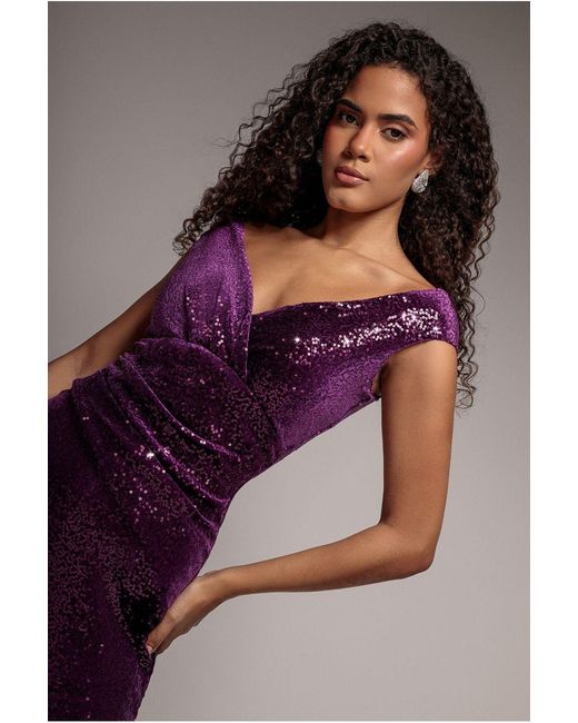 Goddiva Purple Sequin Velvet Bardot Jumpsuit