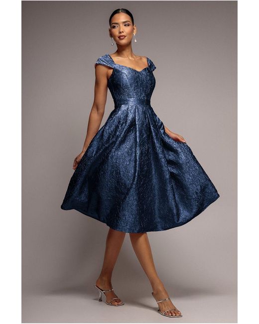 Goddiva Blue Crushed Satin Sleeveless A Line Midi Dress