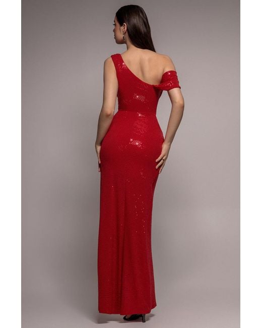 Goddiva Red Cowl Neck Sequin Glitter Draped Maxi Dress
