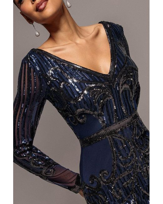 Goddiva Blue Sequin & Mesh Embroidered Maxi Dress