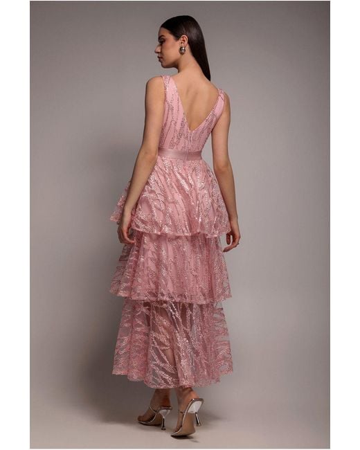 Goddiva Pink Embroidered Mesh Tiered Midi Dress