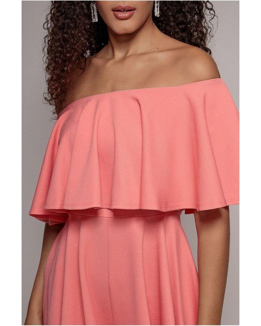 Goddiva Red Off The Shoulder Frill Neck Skater Playsuit