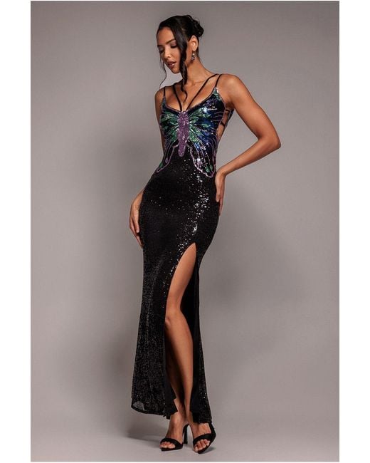 Goddiva Blue Sequin Butterfly Front Split Maxi Dress