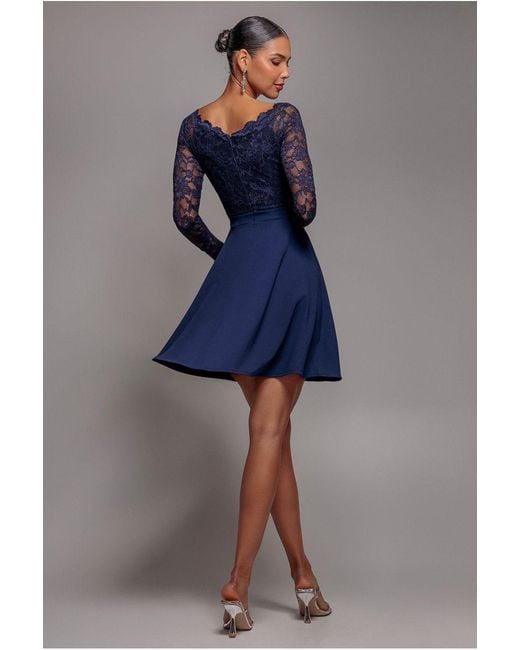 Goddiva Blue Off The Shoulder Lace Skater Mini Dress