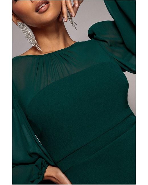 Goddiva Green Bishop Sleeve Peplum Top Scuba Crepe And Chiffon Maxi Dress