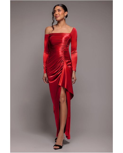 Goddiva Red Slinky Satin One Shoulder Split Maxi Dress