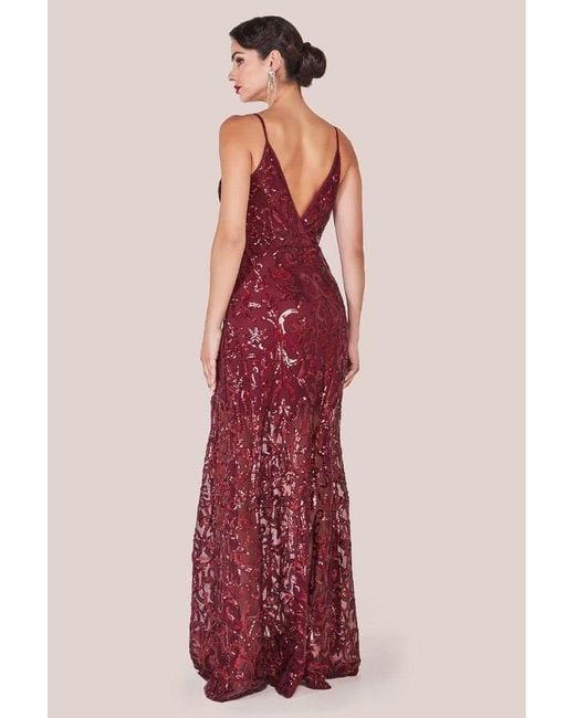 Goddiva Red Iridescent Sequin Maxi With Front Split