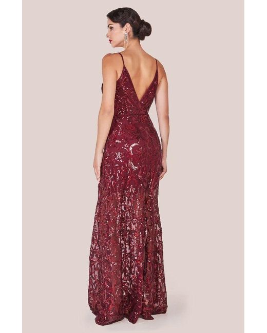 Goddiva Red Iridescent Sequin Maxi With Front Split