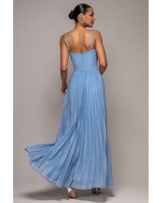 Goddiva Blue Sleeveless Pleated A Line Lurex Maxi Dress