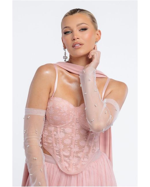 Goddiva Pink Embellished Fingerless Mesh Gloves