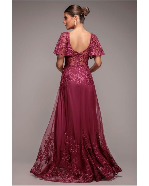 Goddiva Lace Flutter Sleeve Embroidered Mesh A Line Maxi Dress