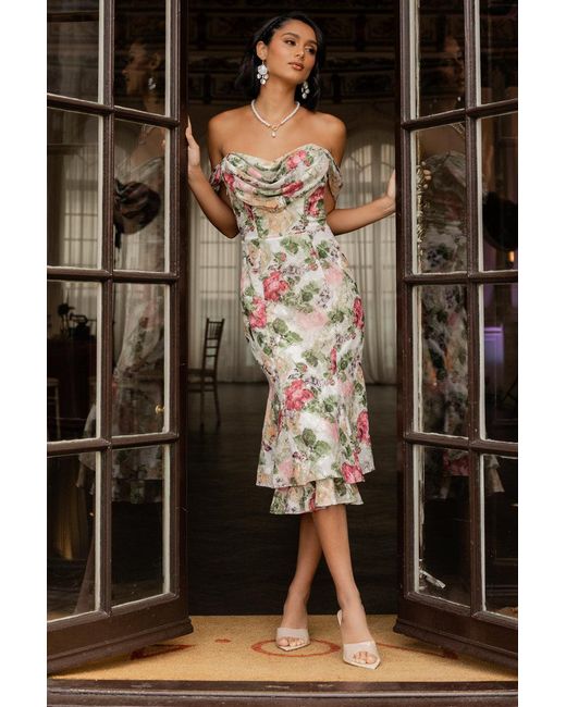 Goddiva Black Cowl Neck Floral Print Jacquard Chiffon Tiered Midi Dress