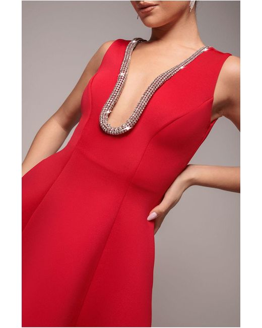 Goddiva Red Diamante Embellished Neck A-Line Mini Dress