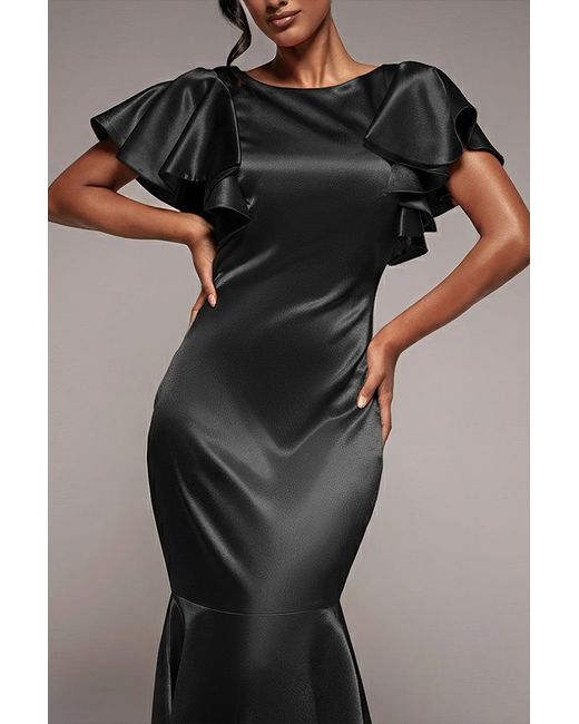 Goddiva Blue Satin Flutter Sleeve Mermaid Maxi
