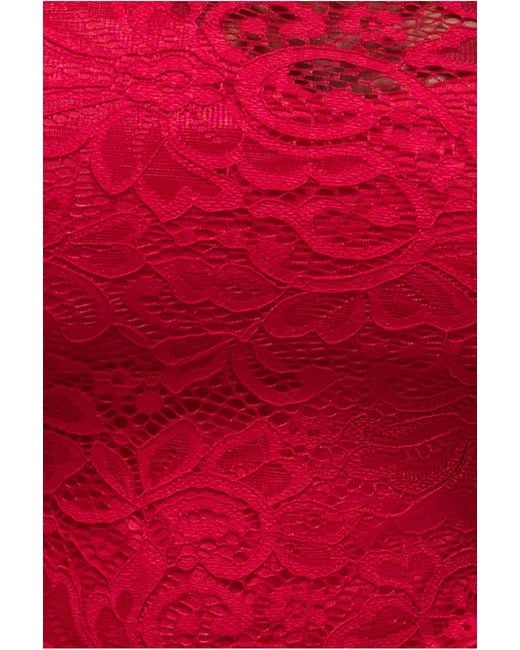 Goddiva Red Lace High Neck Sheer Bodice Long Sleeve Maxi Dress