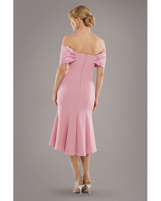 Goddiva Twist Knot Satin & Scuba Bardot Maxi Dress - Magenta