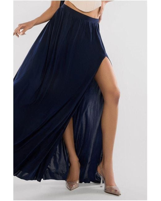 Goddiva Blue Compact Crepe Lace Up Corset With Side Split Jersey Maxi Skirt & Scarf