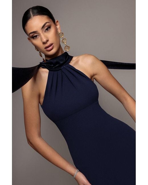 Goddiva Blue Scuba & Soft Satin Halterneck Maxi Dress With Back Sash