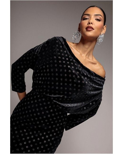 Goddiva Black Glitter Velvet Cowl Neck Sheath Midi Dress