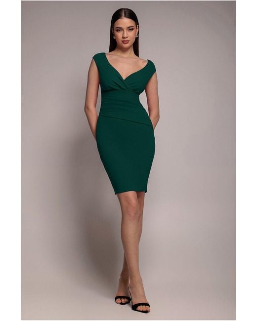 Goddiva Green Bardot Pleated Midi Dress