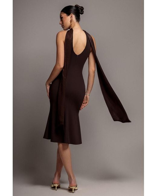 Goddiva Brown Scuba & Soft Satin Halterneck Midi Dress With Back Sash