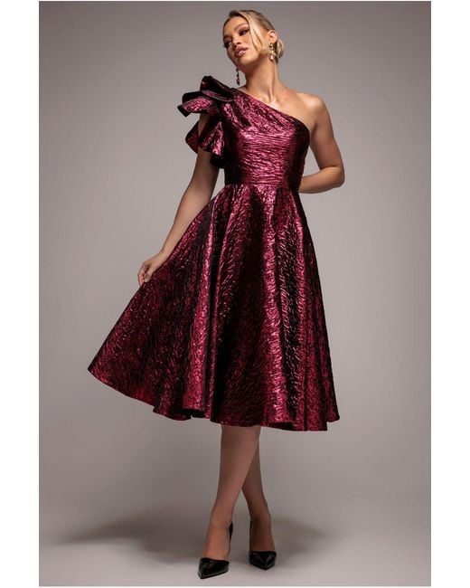 Goddiva Red One Shoulder Frill Jacquard Skater Midi Dress