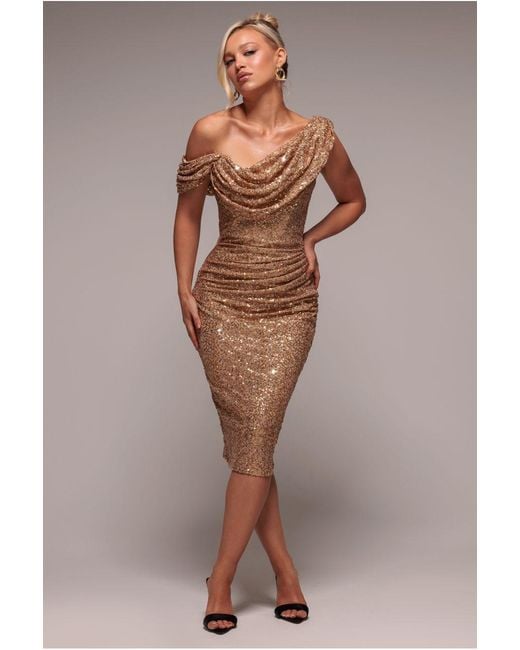 Goddiva Natural Sequin Cowl One Shoulder Midi Dress