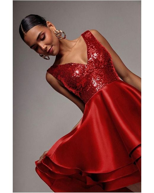 Goddiva Sequin And Satin Tiered Hi-Low Mini Skater Dress