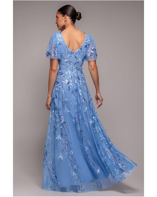 Goddiva Blue Flared Sleeve Embroidered Maxi Dress