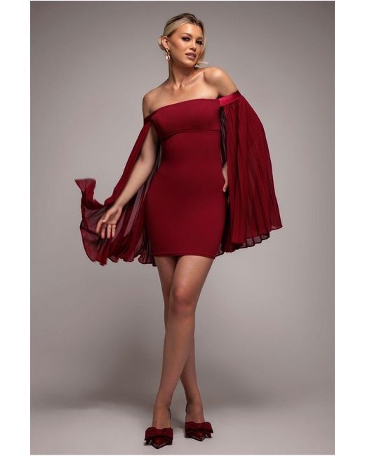 Goddiva Red Strapless Mini Dress With Pleated Chiffon Cape