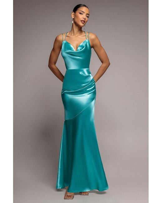 Goddiva Blue Satin Cowl Neck With Strappy Back Maxi